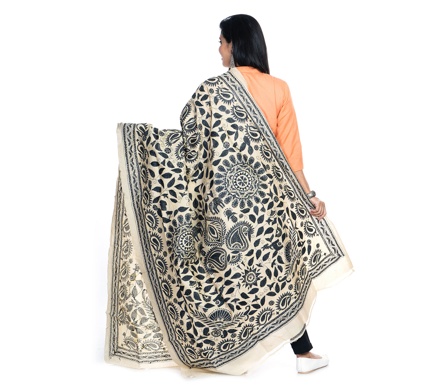 Kantha Stitched Dupatta on Tussar Base - Black Mandala - ArtisanSoul