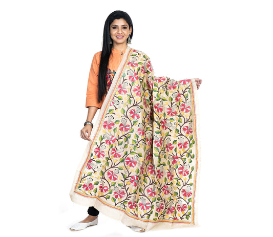 Kantha Stitched Dupatta on Tussar Base - Purple Flowers - ArtisanSoul