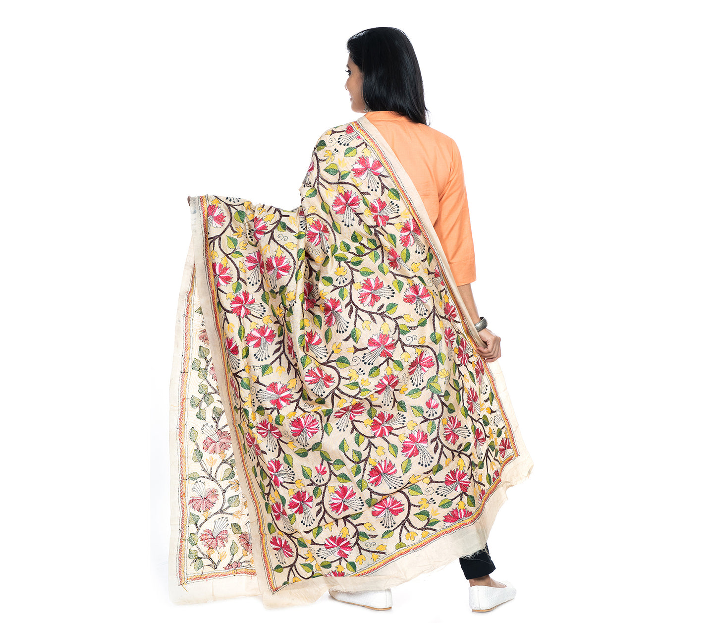 Kantha Stitched Dupatta on Tussar Base - Purple Flowers - ArtisanSoul