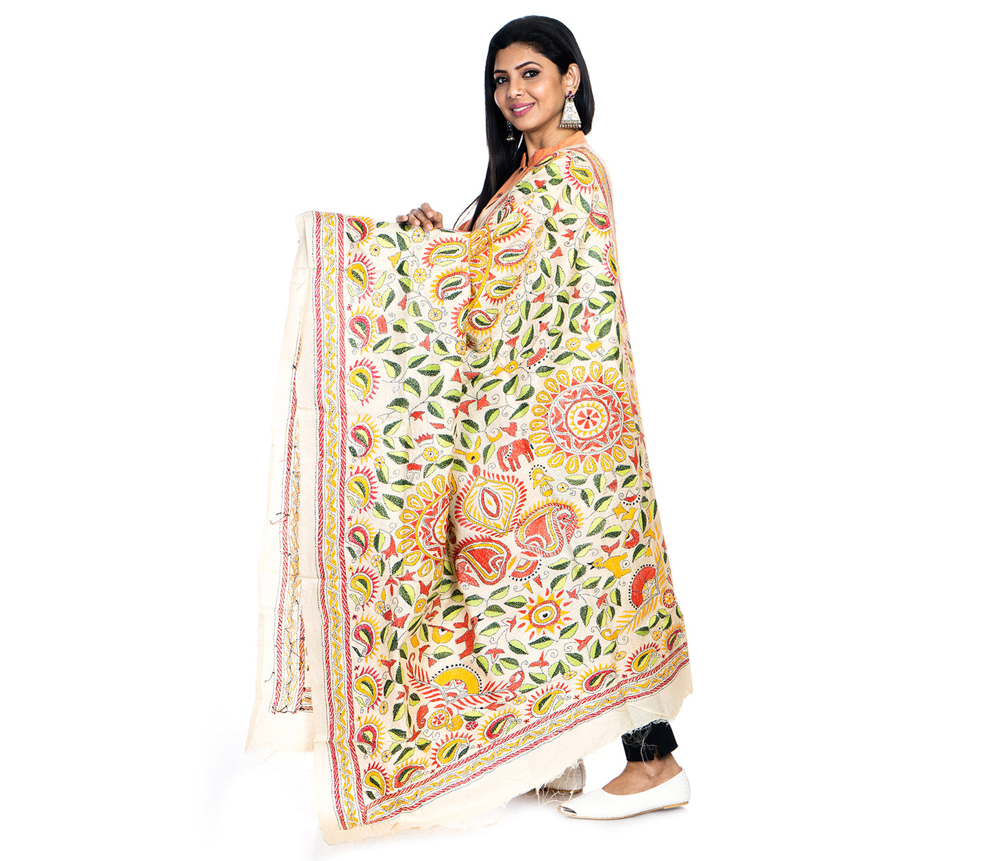 Kantha Stitched Dupatta on Tussar Base - Green and Yellow - ArtisanSoul