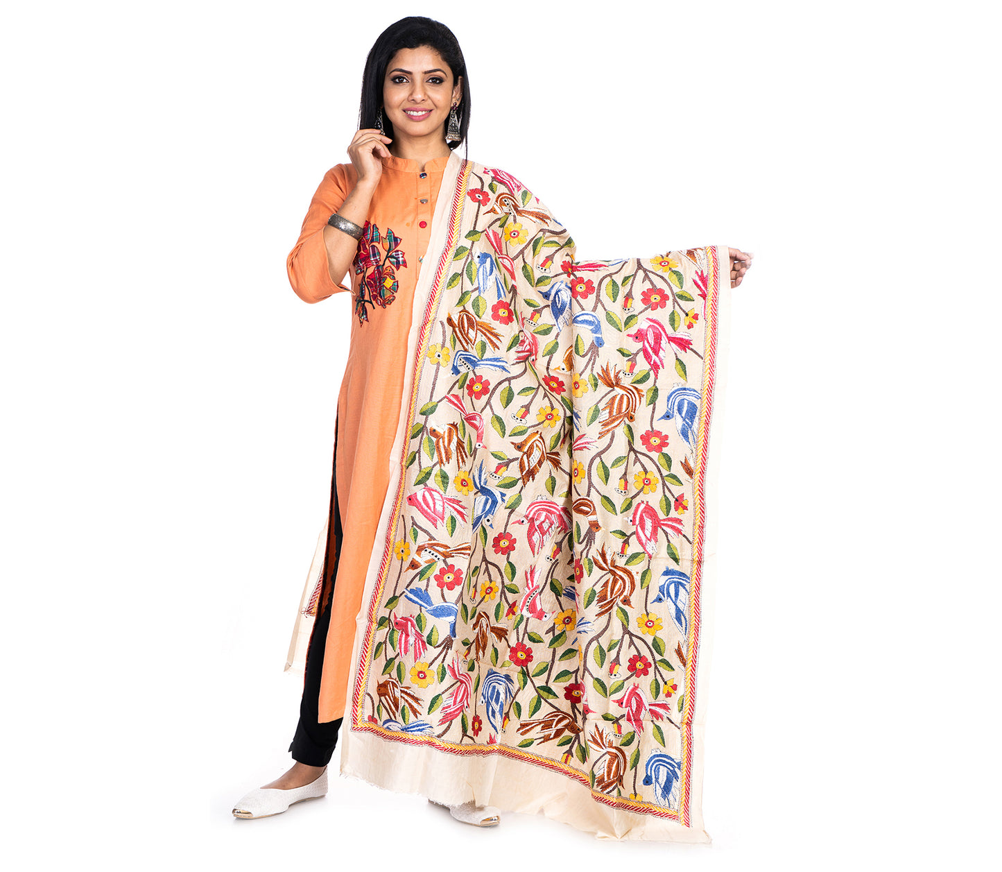 Kantha Stitched Dupatta on Tussar Base - Pink and Blue Birds
