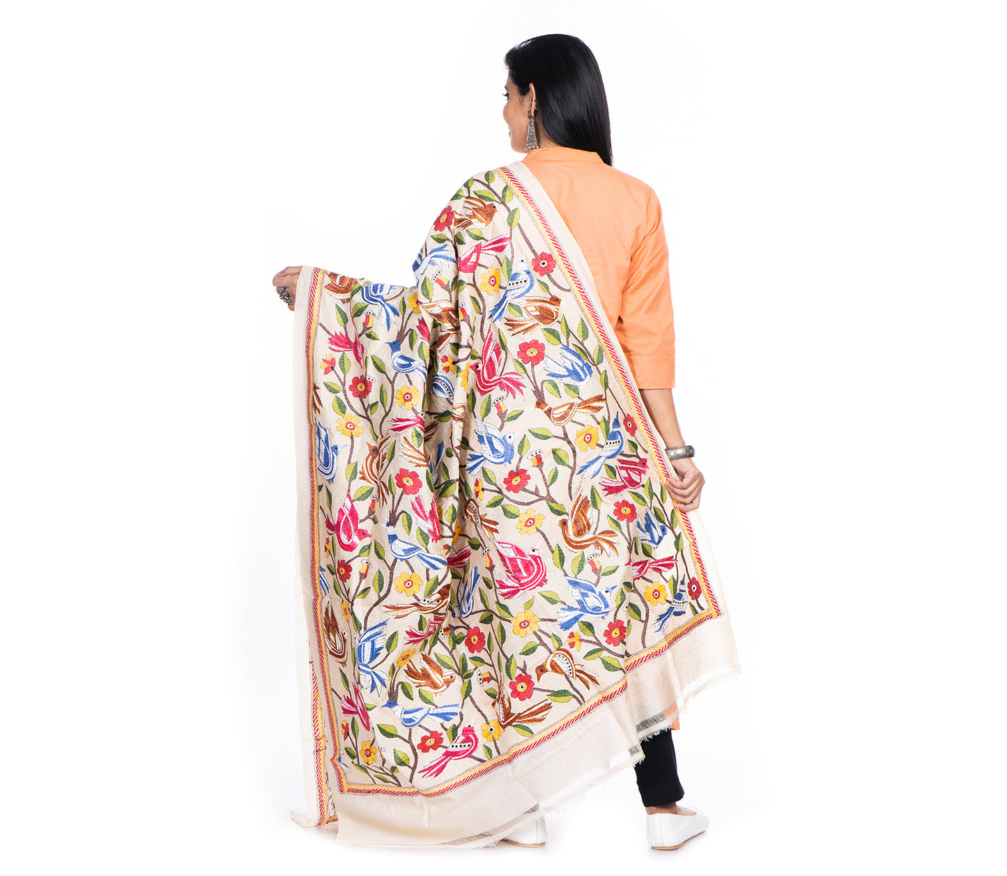 Kantha Stitched Dupatta on Tussar Base - Pink and Blue Birds