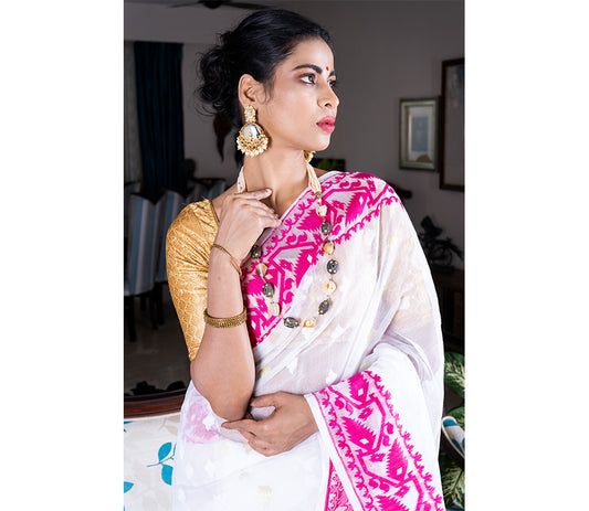 Handloom Jamdani Sub Dhakai Saree - Purple on White - ArtisanSoul