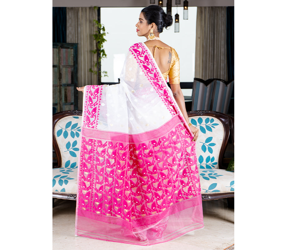 Handloom Jamdani Sub Dhakai Saree - Purple on White - ArtisanSoul