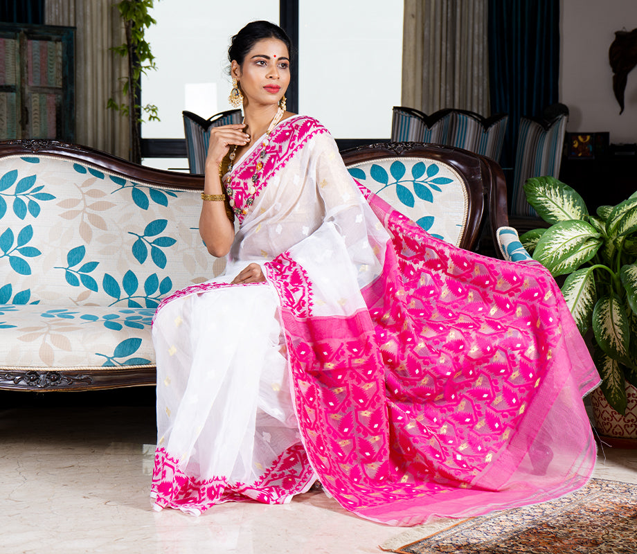 Handloom Jamdani Sub Dhakai Saree - Purple on White - ArtisanSoul