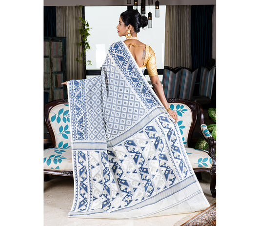 Handloom Jamdani Sub-Dhakai Saree - Navy Blue on White - ArtisanSoul