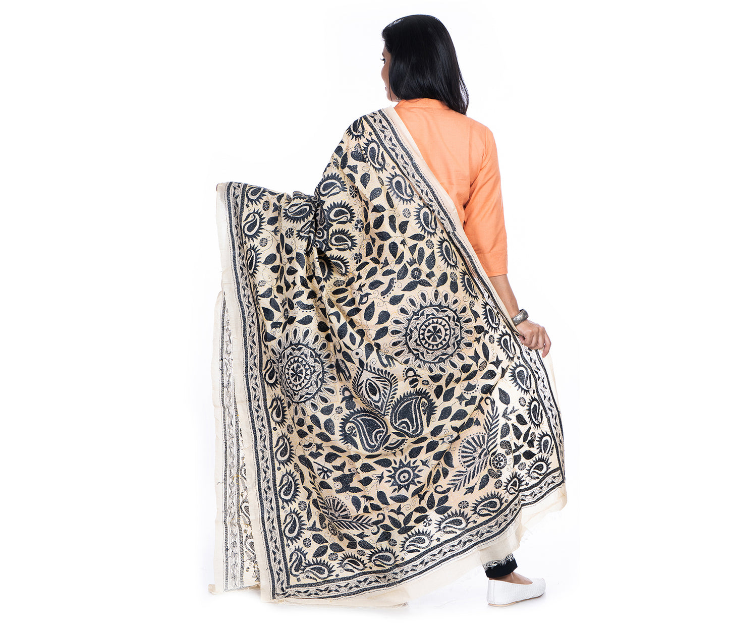 Kantha Stitched Dupatta on Tussar Base - Black work - ArtisanSoul