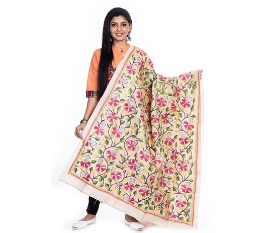 Kantha Stitched Dupatta on Tussar Base - Red Flowers - ArtisanSoul