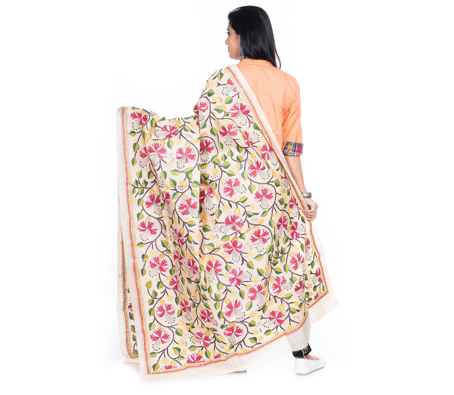 Kantha Stitched Dupatta on Tussar Base - Red Flowers - ArtisanSoul