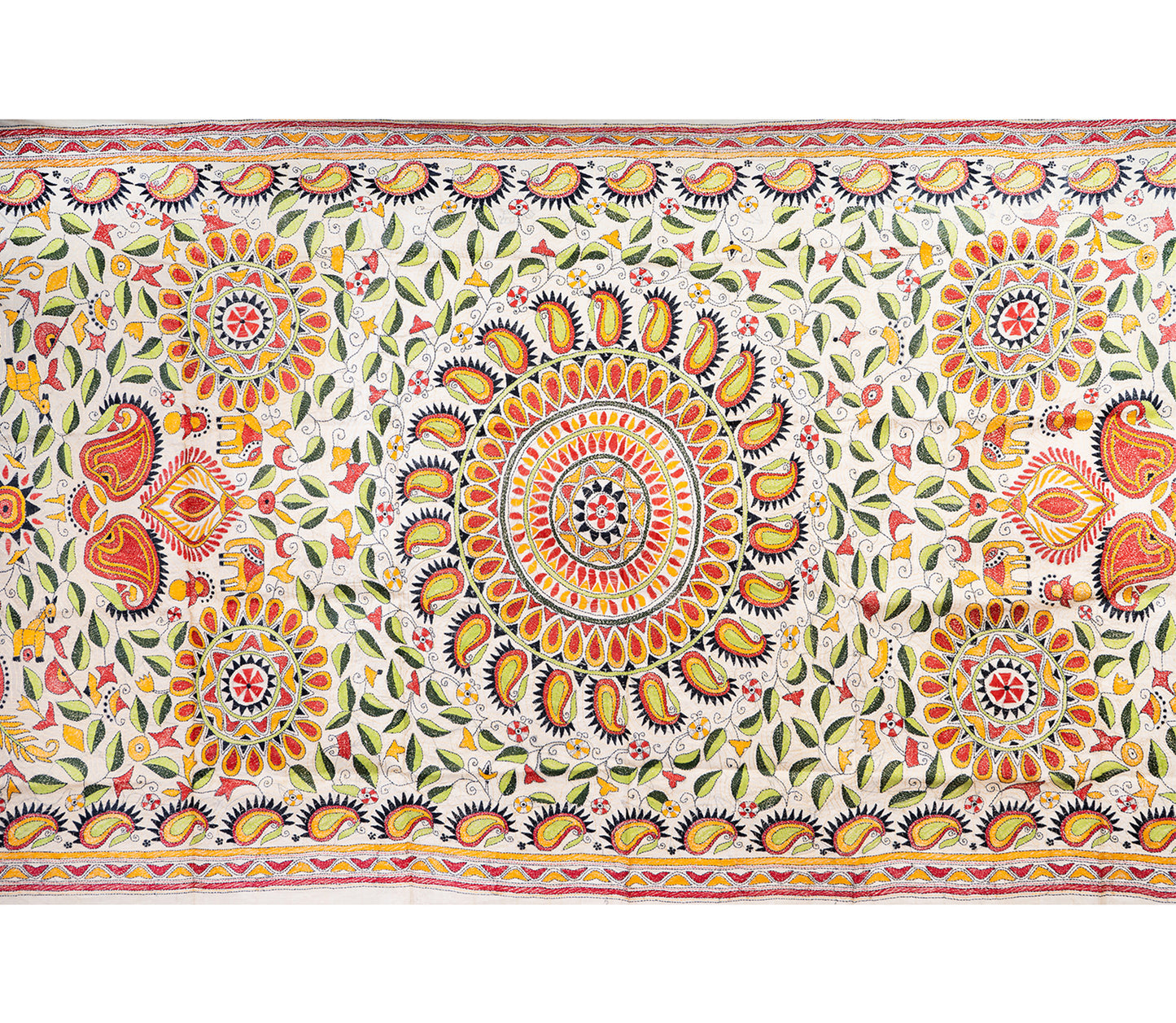 Kantha Stitched Dupatta on Tussar Base - Red and Black