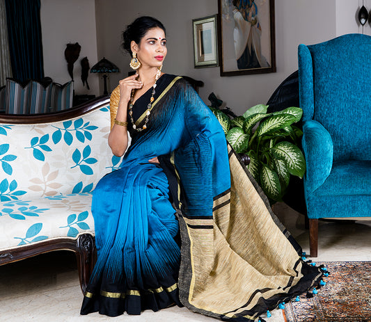 Handloom Ikkat Saree with Gheecha Anchal - Blue - ArtisanSoul