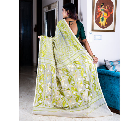 Handloom Jamdani Saree - Olive on White - ArtisanSoul