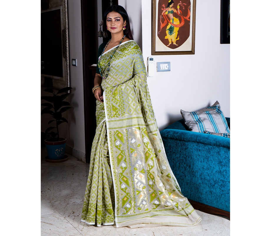 Handloom Jamdani Saree - Olive on White - ArtisanSoul