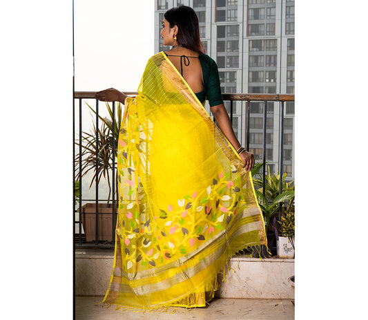 Handloom Muslin Silk Saree - Yellow with Leaf Design - ArtisanSoul