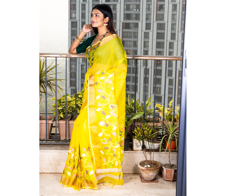 Handloom Muslin Silk Saree - Yellow with Leaf Design - ArtisanSoul
