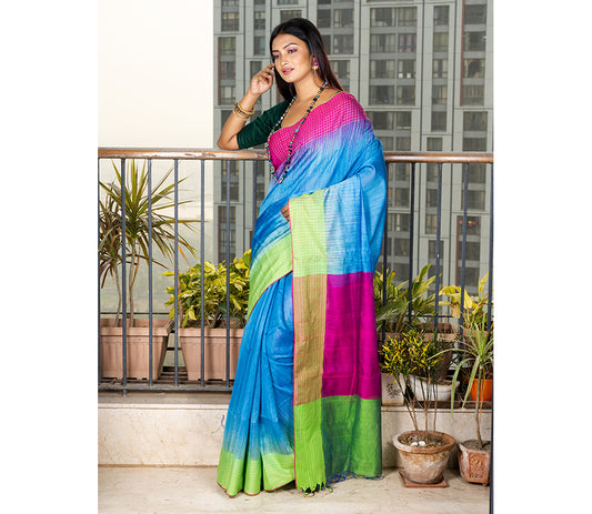 Handloom Saree With Ganga-Jamuna Par - Purple & Green on Sky Blue - ArtisanSoul