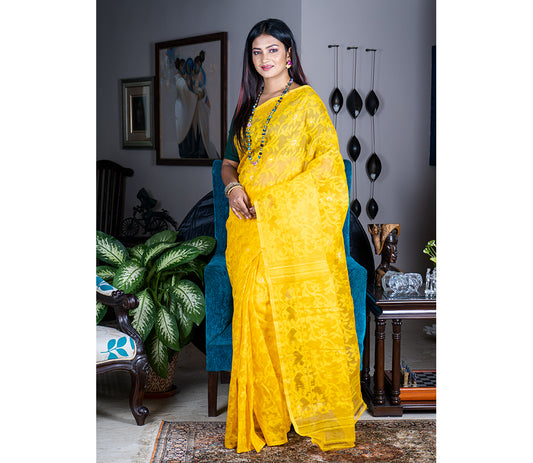 Handloom Jamdani Saree With all Body Work - Yellow - ArtisanSoul