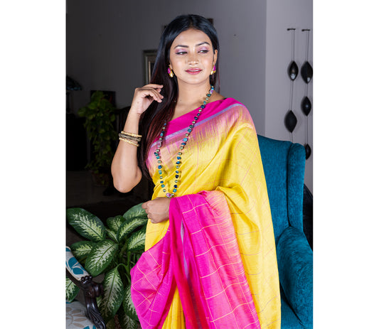 Handloom Silk Saree - Deep Pink & Yellow - ArtisanSoul