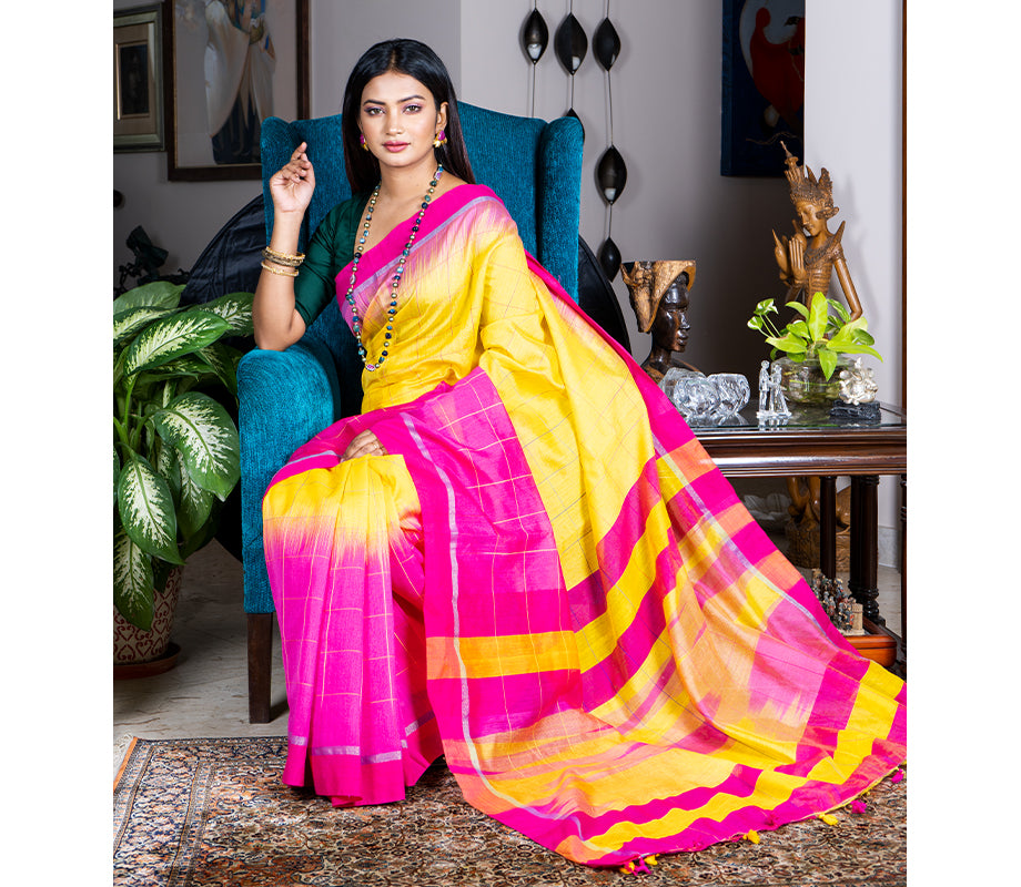 Handloom Silk Saree - Deep Pink & Yellow - ArtisanSoul