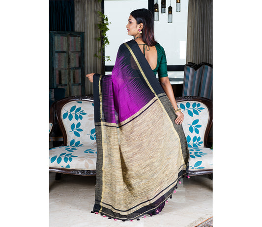 Handloom Ikkat Saree with Gheecha Anchal - Violet - ArtisanSoul