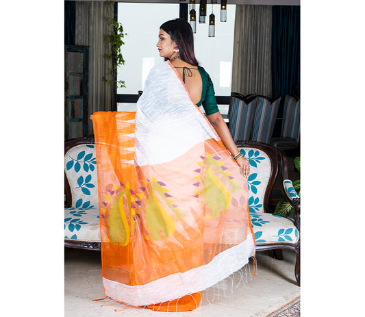 Handloom Gheecha Saree - White & Orange - ArtisanSoul