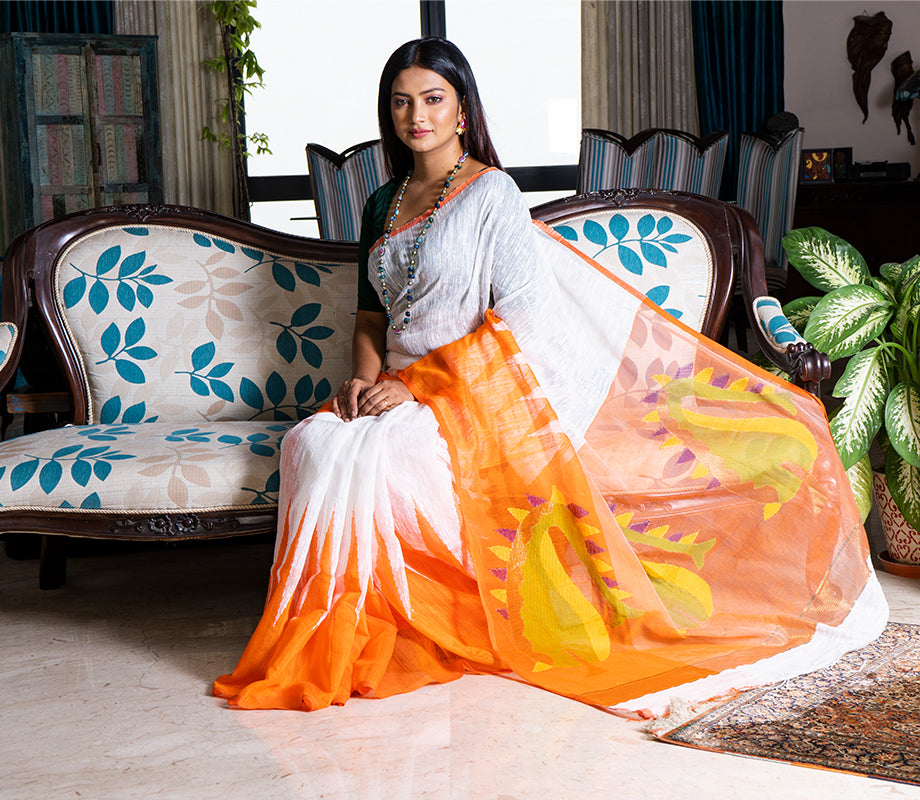 Handloom Gheecha Saree - White & Orange - ArtisanSoul
