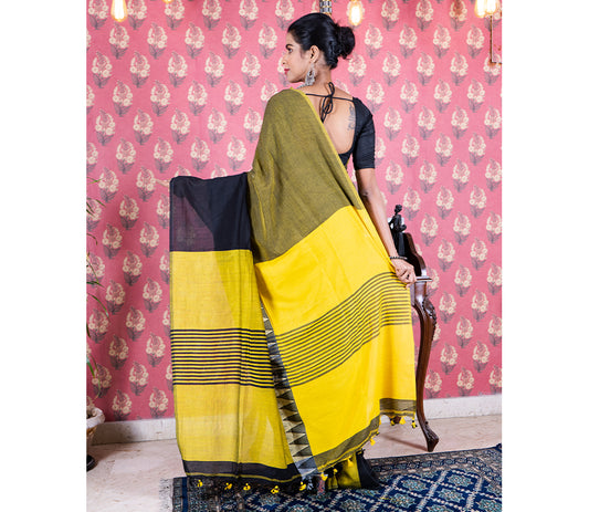 Handloom Cotton Saree with Maddhabani Design in Yellow - ArtisanSoul