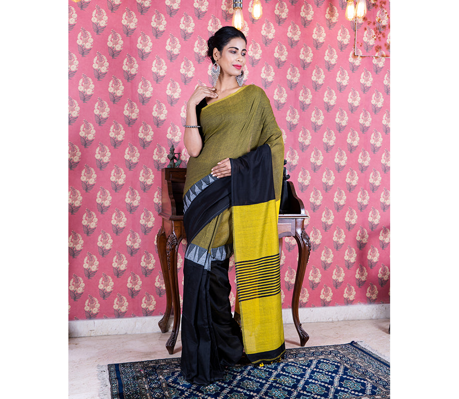 Handloom Cotton Saree with Maddhabani Design in Yellow - ArtisanSoul