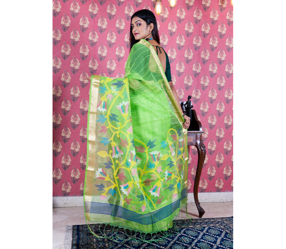 Handloom Muslin Silk Saree with Flower Design - Green - ArtisanSoul
