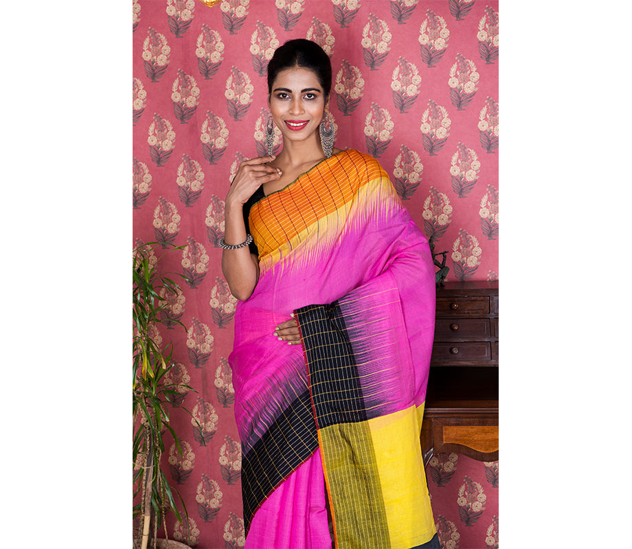 Handloom Saree With Ganga-Jamuna Par - Yellow & Black on Pink - ArtisanSoul