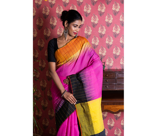 Handloom Saree With Ganga-Jamuna Par - Yellow & Black on Pink - ArtisanSoul