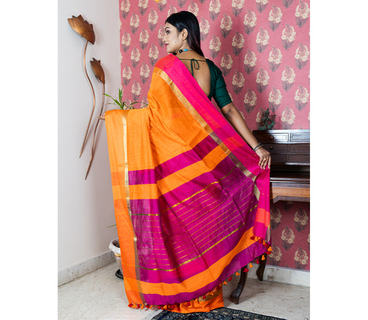 Handloom Saree with All Body Work - Orange and Purple - ArtisanSoul