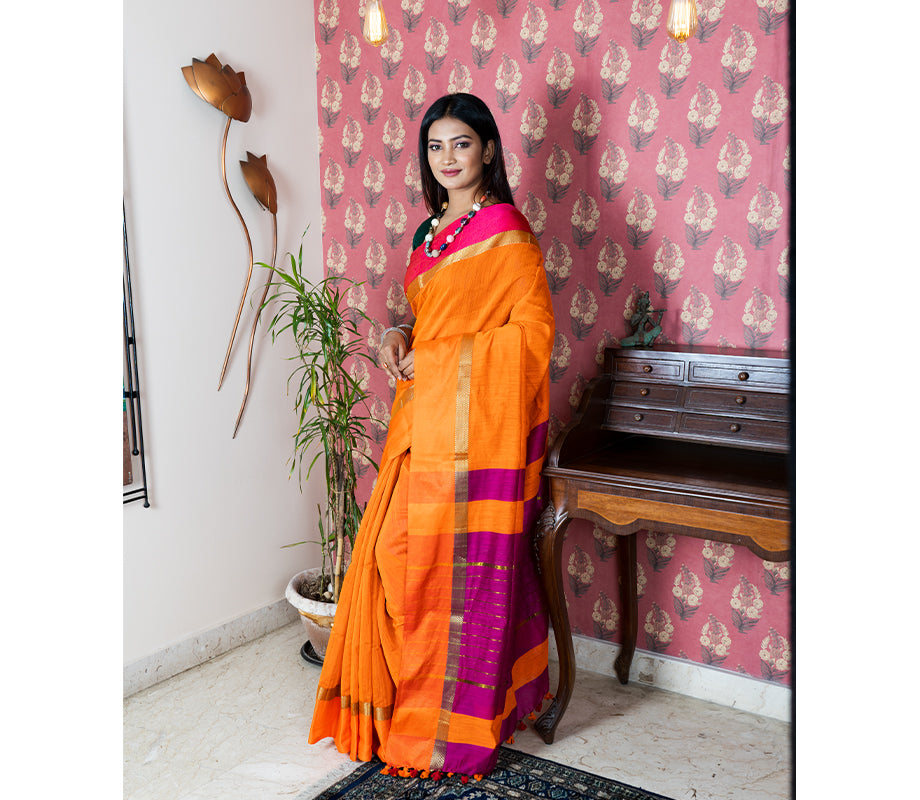 Handloom Saree with All Body Work - Orange and Purple - ArtisanSoul