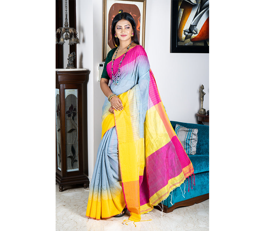 Handloom Saree With Ganga-Jamuna Par - Yellow & Purple on Gray - ArtisanSoul