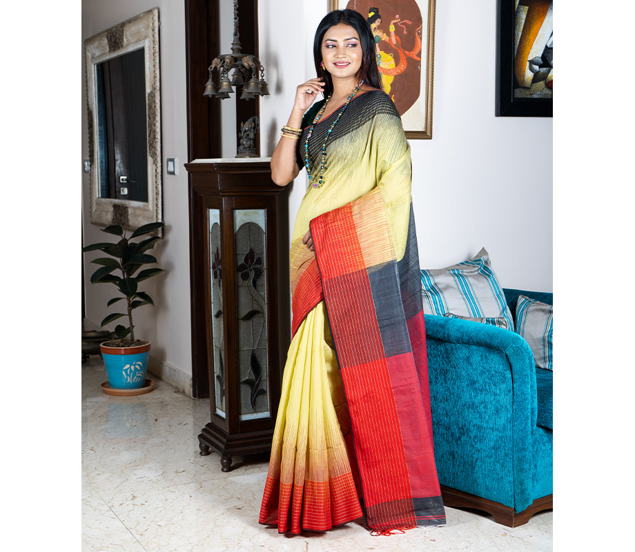 Handloom Saree With Ganga-Jamuna Par - Red & Dark Grey on Yellow - ArtisanSoul