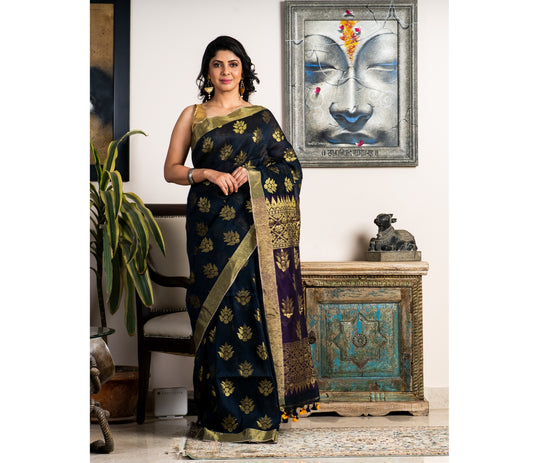 Handloom Linen Jamdani Saree - Prussian Blue and Violet - ArtisanSoul
