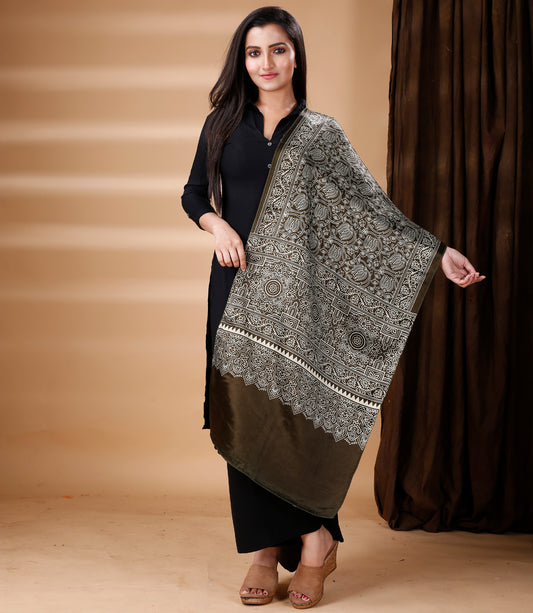 Ajrakh Print Modal Silk Stole From Bengal - Grey - ArtisanSoul