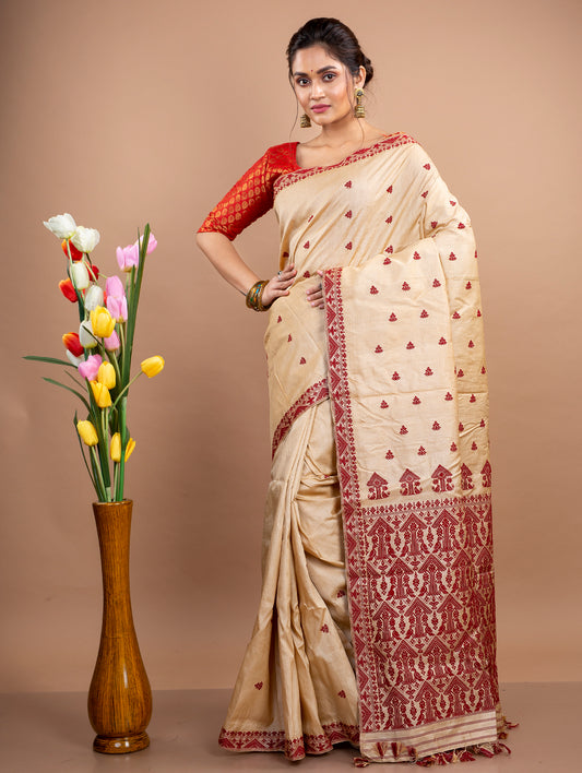Assam Silk Saree - Golden with Maroon thread Work - ArtisanSoul