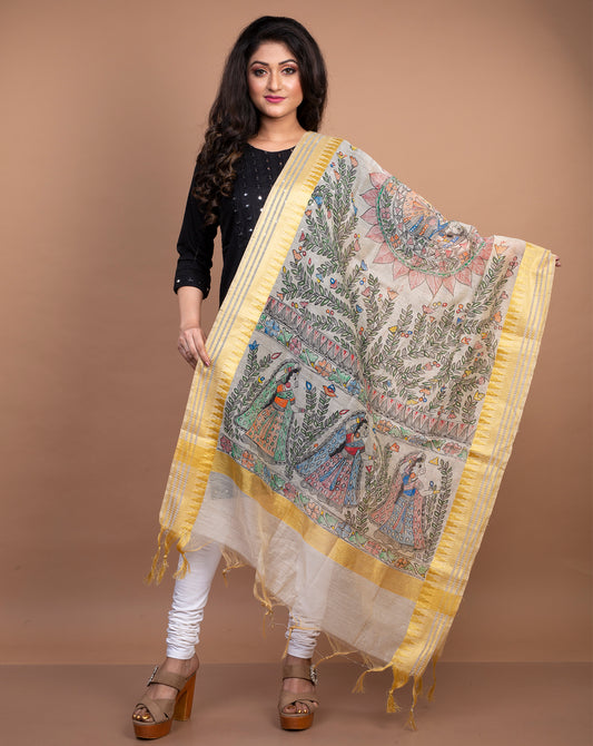Madhubani Painting Dupatta From Bihar - White with Golden Border - ArtisanSoul