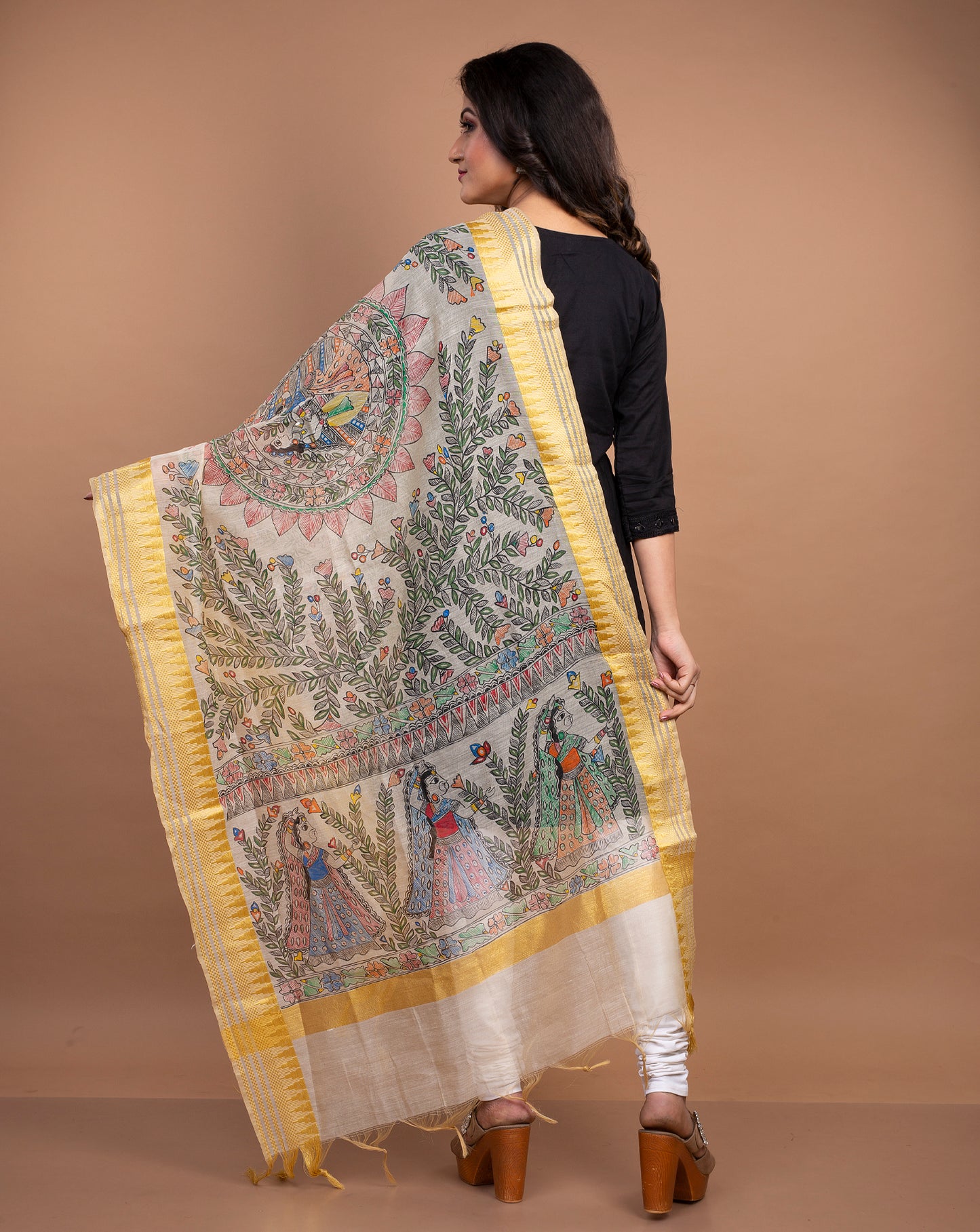 Madhubani Painting Dupatta From Bihar - White with Golden Border - ArtisanSoul