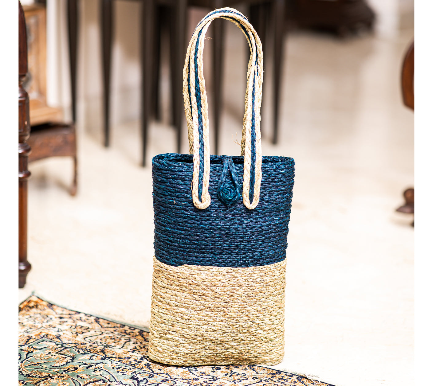 Long Bag made out of Sabai Grass - Blue and Natural Shade - ArtisanSoul