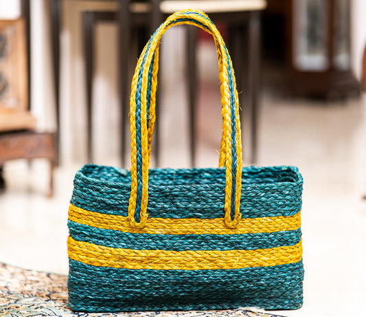 Market Bag Wide Type of Sabai Grass - Blue and Yellow - ArtisanSoul