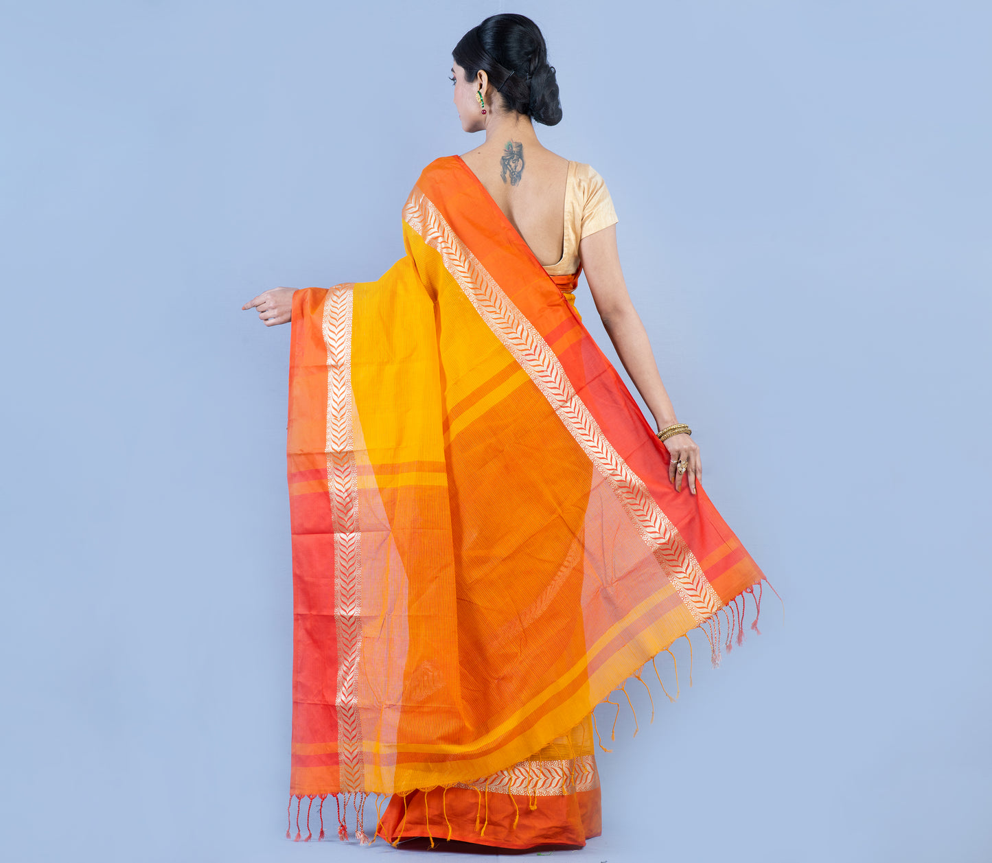 Tant Saree - Yellow with Orange Par - ArtisanSoul