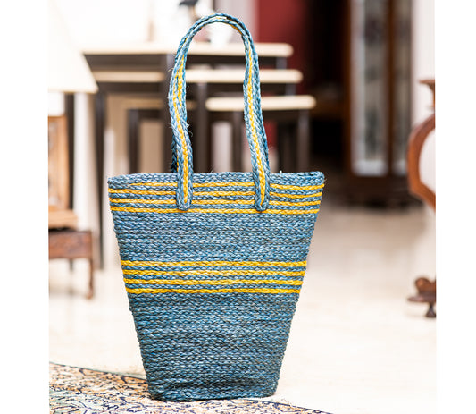 Hand Bag made of Sabai Grass from Bengal- Blue and Yellow - ArtisanSoul