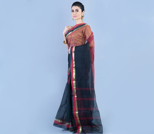 Tant Saree - Black & Maroon - ArtisanSoul