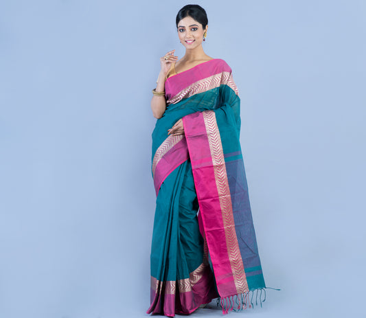 Handloom Tant Saree - Green with Pink Par - ArtisanSoul