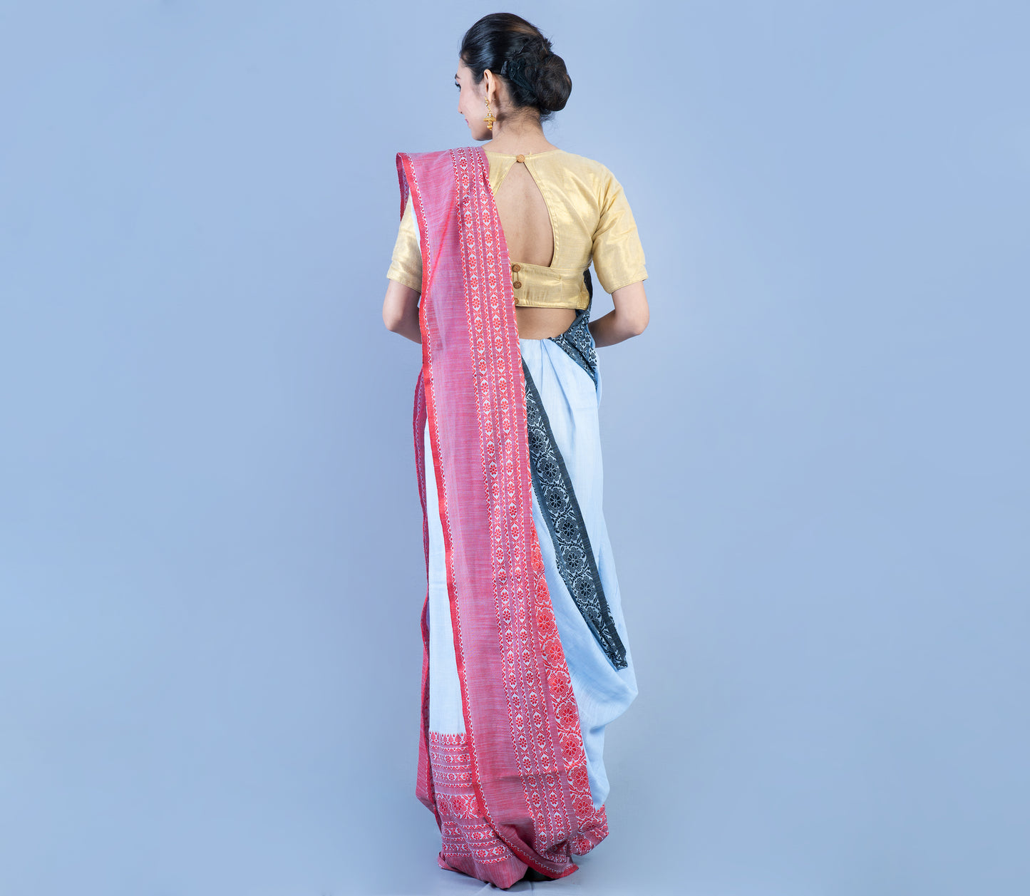 Handloom Saree Sky Blue with Black and Red Paar - ArtisanSoul
