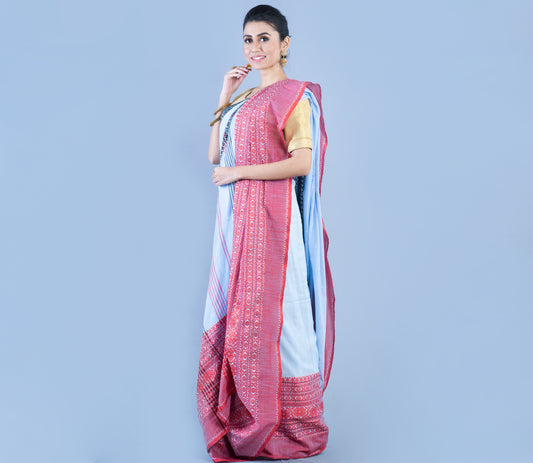 Handloom Saree Sky Blue with Black and Red Paar - ArtisanSoul