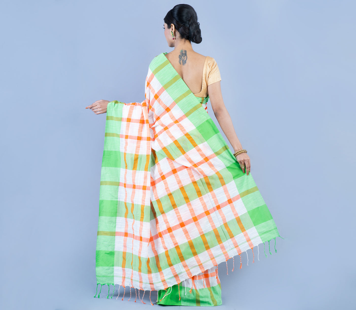 Cotton Chekerd Saree - White and Orange - ArtisanSoul
