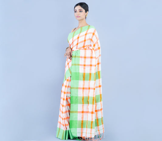 Cotton Chekerd Saree - White and Orange - ArtisanSoul